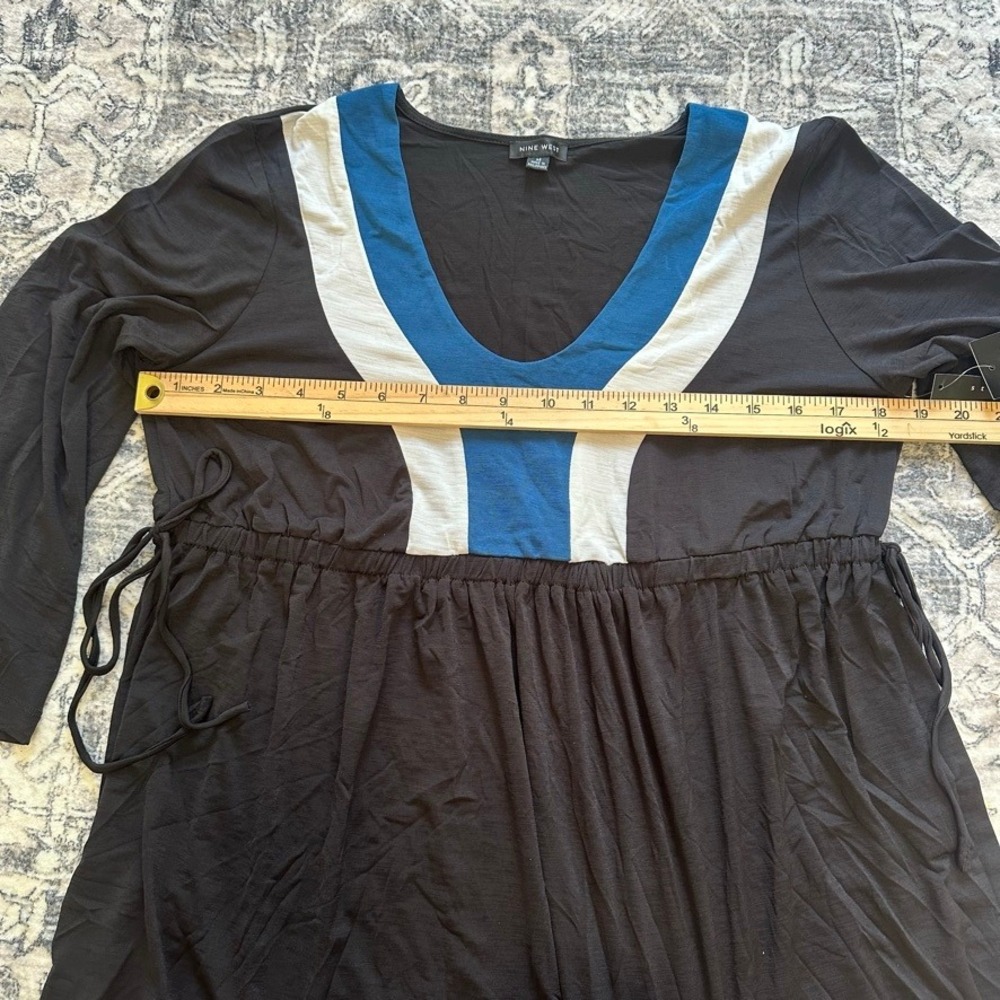 Vintage Y2K Nine West Colorblock V-Neck Tunic Top Black Blue Medium Cinch Waist - Picture 4 of 7